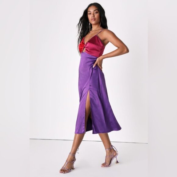 NWT Lulus Chic Combo Purple Color Block Satin Twist-Front Midi Dress D2936 Sz XS - Picture 2 of 14